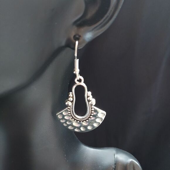 BOHO HAMMERED DANGLE 14K WHITE GOLD PLATED EARRINGS - Picture 8 of 12